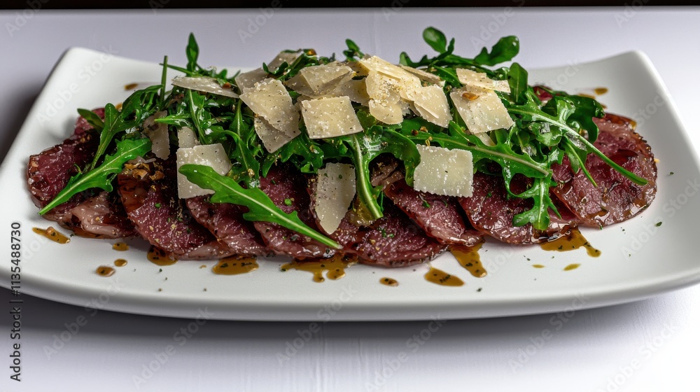 Beef carpaccio with arugula and parmesan gourmet restaurant food plating elegant setting close-up presentation culinary artistry Beef carpaccio with arugula and parmesan gourmet restaurant food plating elegant setting close-up presentation culinary artistry