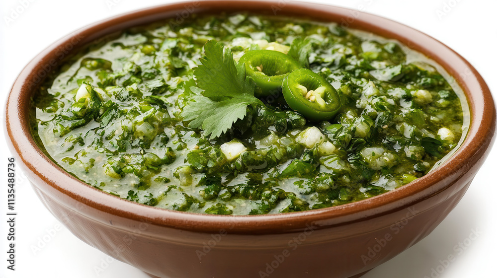 A high-definition close-up of a bowl filled with a vibrant green salsa verde, with finely chopped cilantro, jalapeños A high-definition close-up of a bowl filled with a vibrant green salsa verde, with finely chopped cilantro, jalapeños