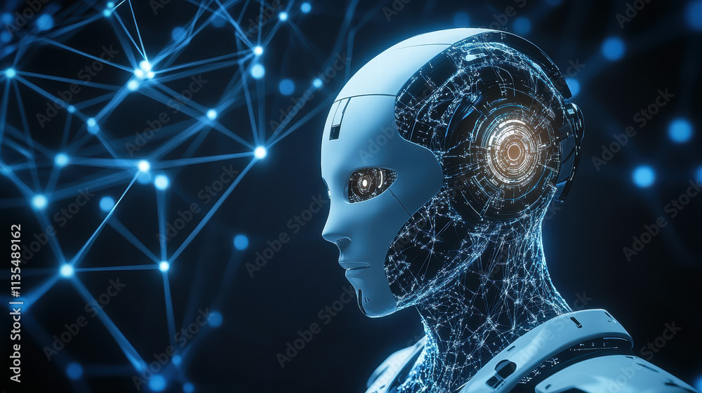 A futuristic robot head with glowing eyes and circuitry on the side, looking to its right in profile against an abstract background of blue digital connections A futuristic robot head with glowing eyes and circuitry on the side, looking to its right in profile against an abstract background of blue digital connections