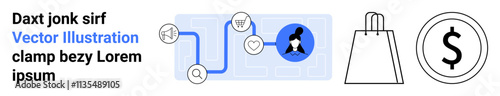 Marketing flowchart with icons for advertisement, shopping cart, customer service, and dollar sign. Ideal for online marketing strategies, e-commerce processes, conversion funnels, customer journeys