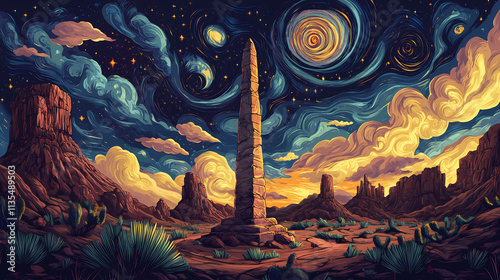 A towering stone obelisk stands amidst a mystical desert landscape under a vibrant night sky with swirling clouds and a celestial glow. Obelisk. Illustration