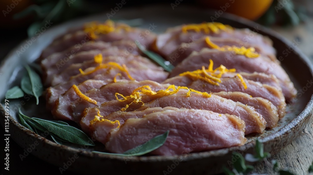 Artfully arranged thinly sliced raw duck breast with fresh herbs rustic kitchen culinary presentation gourmet experience Artfully arranged thinly sliced raw duck breast with fresh herbs rustic kitchen culinary presentation gourmet experience