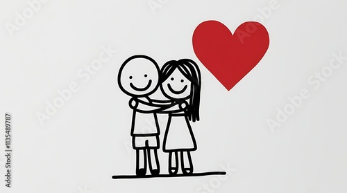 A minimalist line drawing of a couple embracing, with a simple and elegant design on a white background. A red heart floats above the couple, symbolizing love and affection