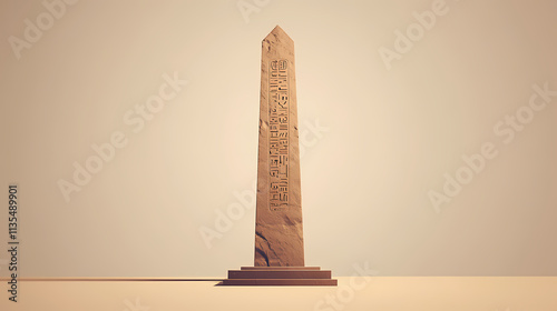 Ancient egyptian obelisk: a tall, slender, four-sided stone monument with hieroglyphic carvings, standing proudly on a rectangular base, against a muted beige background. Obelisk. Illustration photo