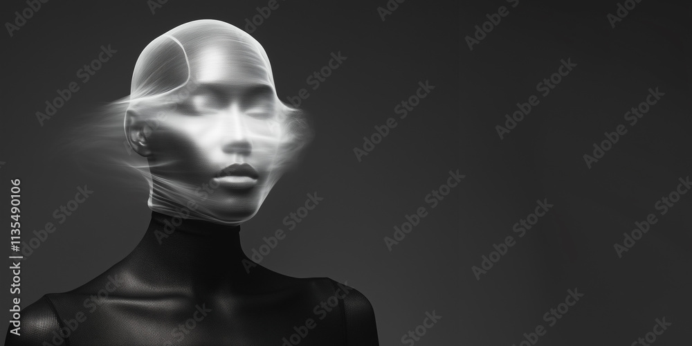 Mannequin Head and Shoulders in Sheer Fabric. Futuristic Fashion Conceptual Banner with Negative Space. Mannequin Head and Shoulders in Sheer Fabric. Futuristic Fashion Conceptual Banner with Negative Space.