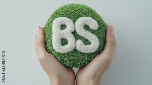 Image of Hands Holding a Spherical Grass Object with Embossed Letters 
