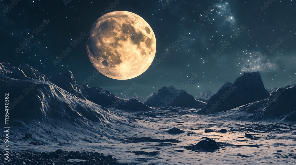 Lunar Landscape at Night. Cosmic Scenery, Alien Planet, Celestial Beauty Lunar Landscape at Night. Cosmic Scenery, Alien Planet, Celestial Beauty
