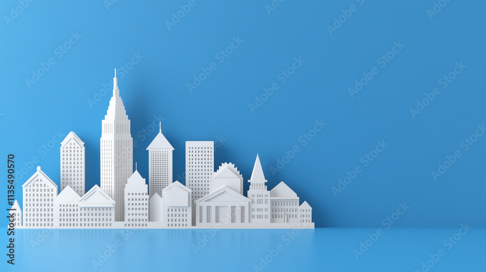 White Papercut City Skyline on Blue Background White Papercut City Skyline on Blue Background