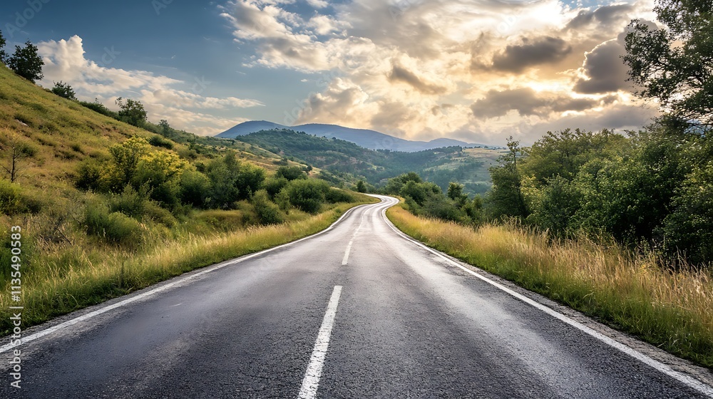 Scenic Mountain Road at Sunset. Concept of Adventure, Freedom, and Travel. Scenic Mountain Road at Sunset. Concept of Adventure, Freedom, and Travel.