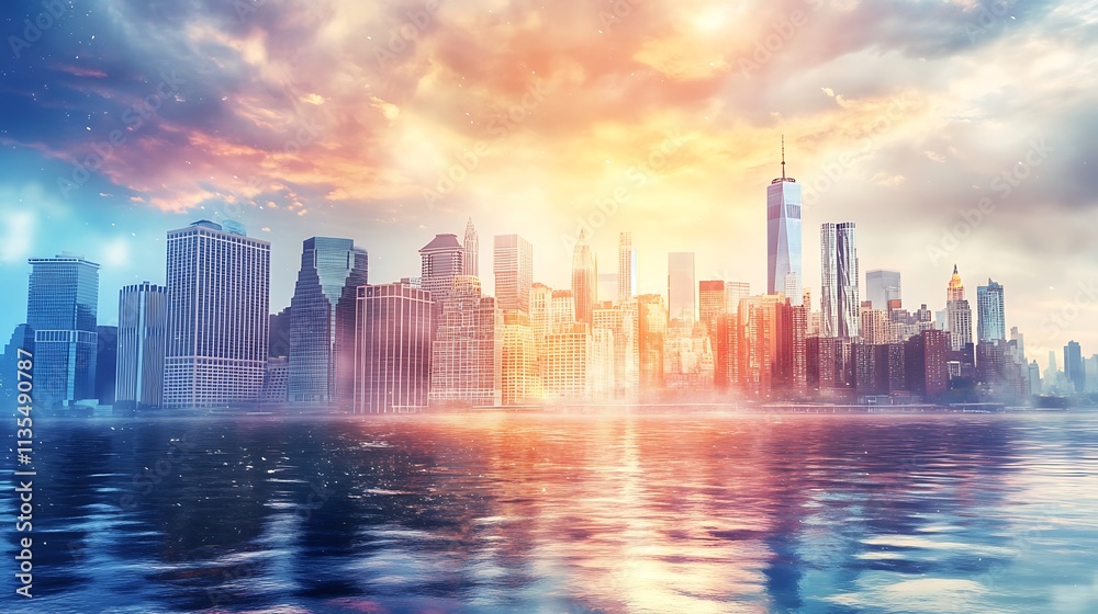 New York City Skyline at Sunrise with Mystical Colors. Concept of Urban Fantasy, Future City, and Epic Scenery. New York City Skyline at Sunrise with Mystical Colors. Concept of Urban Fantasy, Future City, and Epic Scenery.