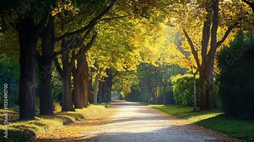 Autumn park pathway. Concept of tranquility, nature, and fall foliage. photo