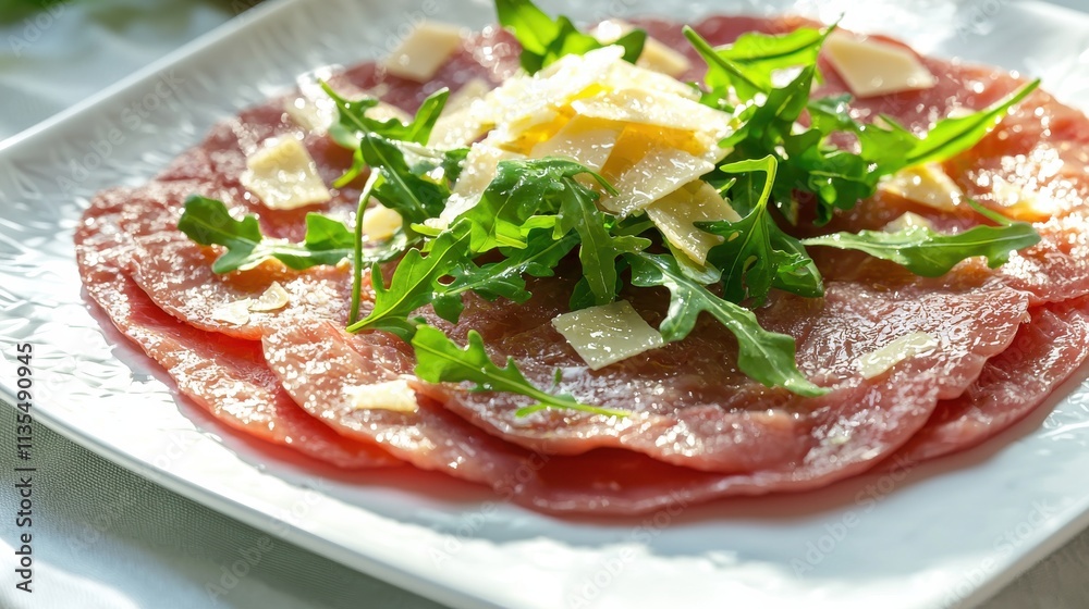 Elegant beef carpaccio dish with arugula and cheese gourmet restaurant food cozy atmosphere close-up view culinary art Elegant beef carpaccio dish with arugula and cheese gourmet restaurant food cozy atmosphere close-up view culinary art