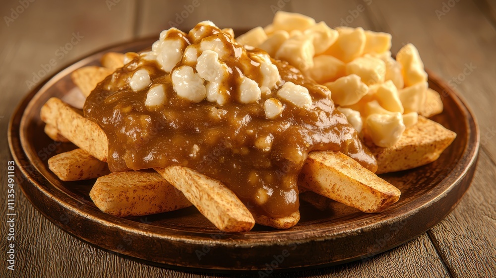 Savory flat lay of canadian poutine with gravy rustic wooden table food cozy atmosphere culinary delight Savory flat lay of canadian poutine with gravy rustic wooden table food cozy atmosphere culinary delight