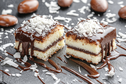 Delicious classic lamington dessert split into two pieces, topped with rich chocolate and shredded coconut, perfect for showcasing traditional Australian cuisine photo