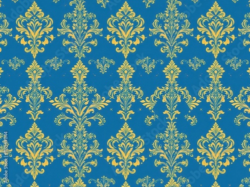 Elegant and intricate Seamless Damask wallpaper design in blue and gold tones, pattern, vintage