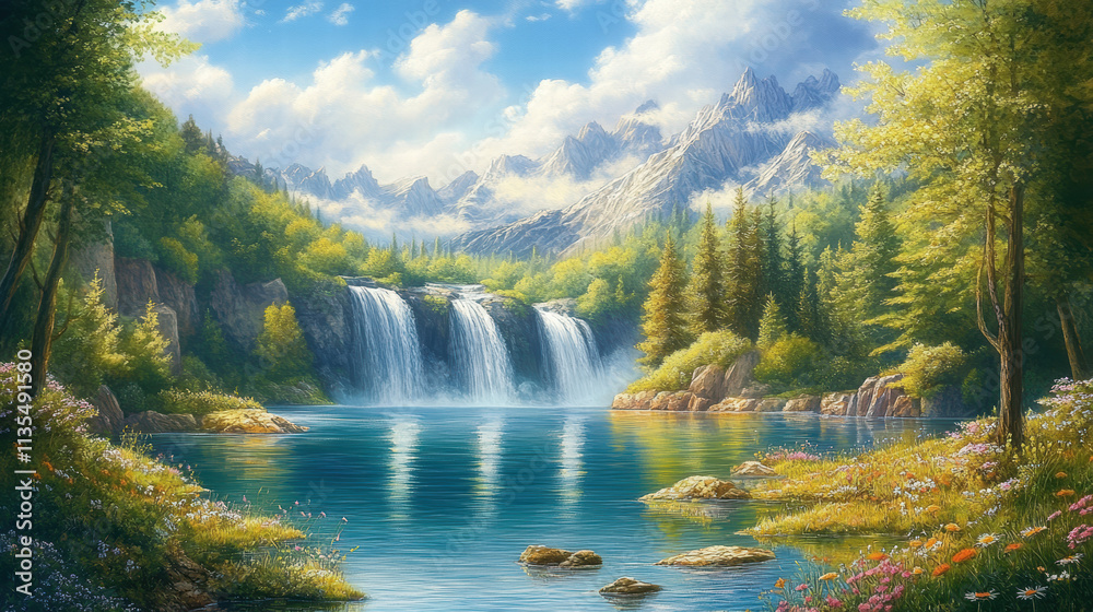 Fototapeta premium A beautiful painting of waterfalls in the forest, with mountains and green trees in the background