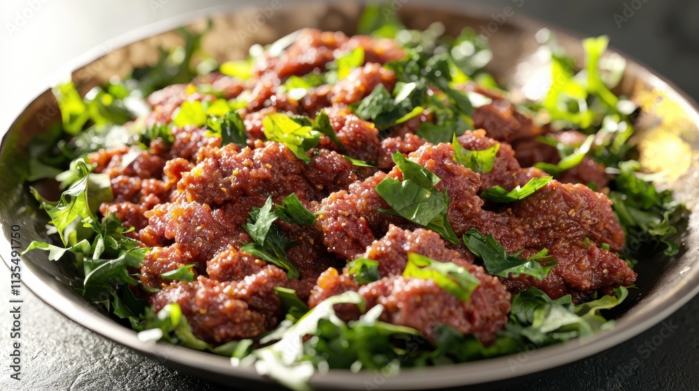 Ethiopian raw beef kitfo preparation ethiopia culinary art rustic kitchen close-up traditional dishes