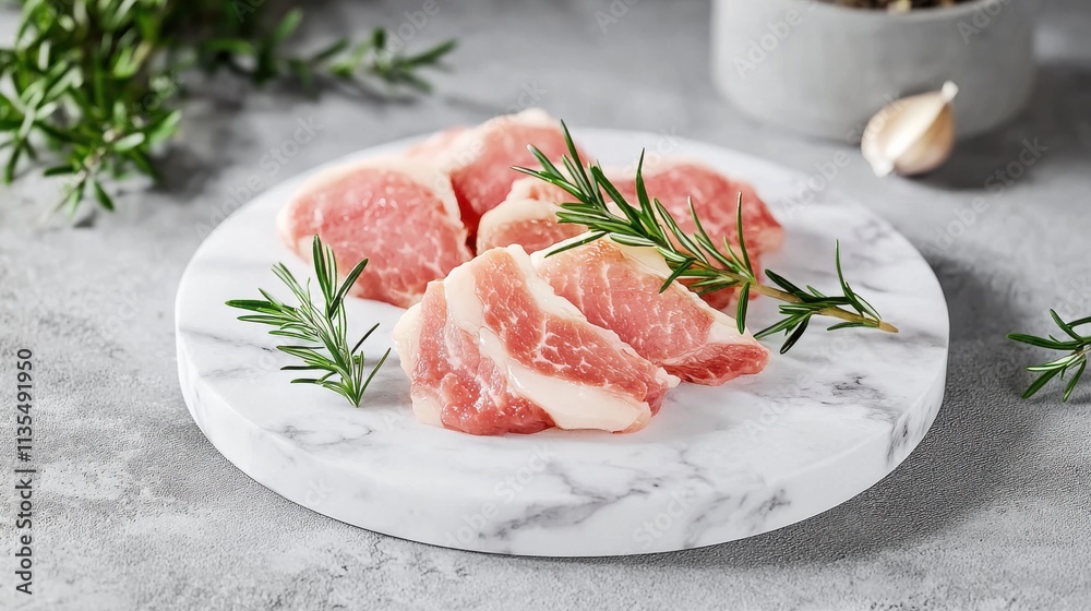 Freshly cut beef sirloin slices with rosemary garnish kitchen setting food culinary presentation close-up view Freshly cut beef sirloin slices with rosemary garnish kitchen setting food culinary presentation close-up view
