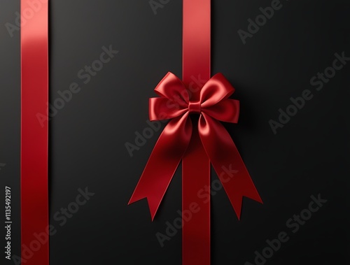 A stylish vertical red ribbon tied neatly into a bow against a dark backdrop. Perfect for themes of elegance, celebration, and gift wrapping photo