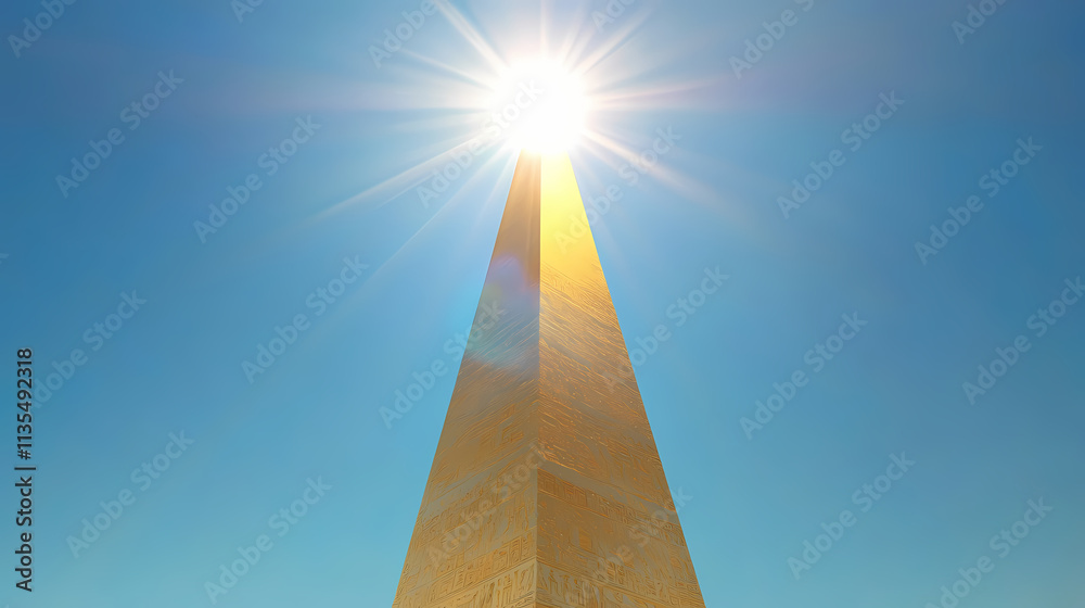 A tall golden obelisk reaching into a clear blue sky with the sun shining brightly above, creating a striking silhouette. Obelisk. Illustration A tall golden obelisk reaching into a clear blue sky with the sun shining brightly above, creating a striking silhouette. Obelisk. Illustration