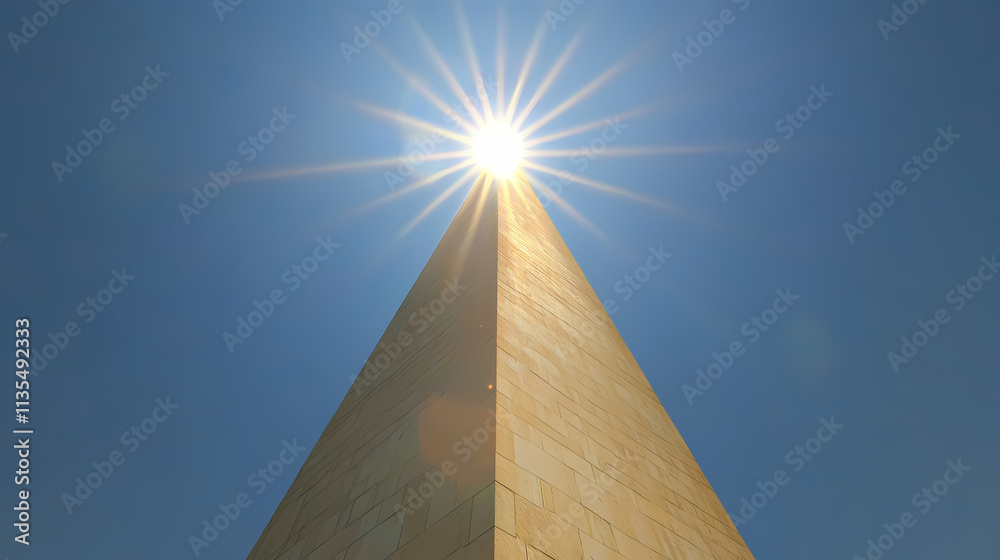 A tall golden obelisk reaching into a clear blue sky with the sun shining brightly above, creating a striking silhouette. Obelisk. Illustration A tall golden obelisk reaching into a clear blue sky with the sun shining brightly above, creating a striking silhouette. Obelisk. Illustration