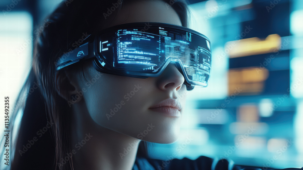 Close-up of a woman wearing futuristic augmented reality glasses while looking at digital data on a virtual screen Close-up of a woman wearing futuristic augmented reality glasses while looking at digital data on a virtual screen