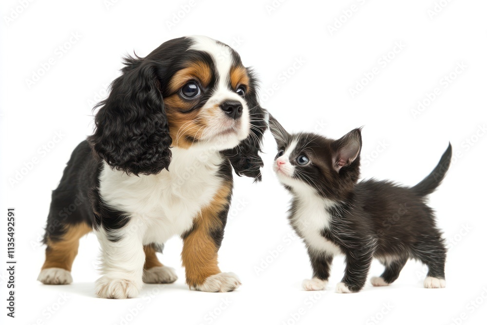 Puppy and kitten stand together, isolated, white background. Puppy and kitten stand together, isolated, white background.