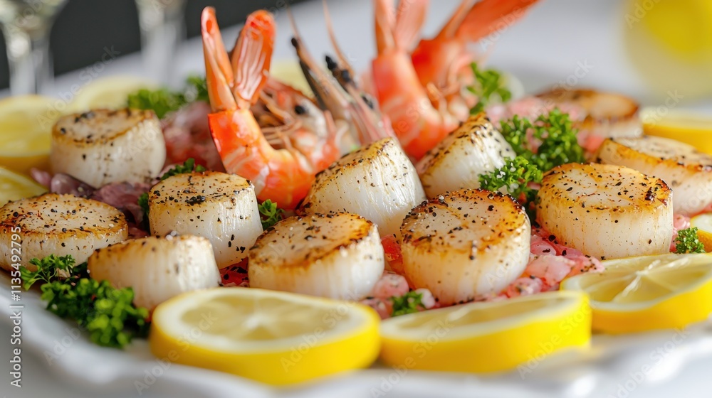 Italian raw seafood platter for crudo with scallops and shrimp coastal restaurant gourmet cuisine vibrant setting culinary art Italian raw seafood platter for crudo with scallops and shrimp coastal restaurant gourmet cuisine vibrant setting culinary art