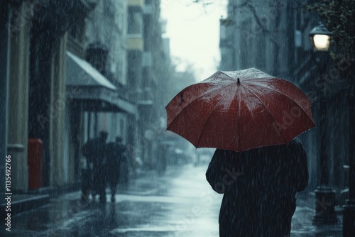 A rainy day scene with an umbrella shielding someone from a downpour, representing the weather's impact and the importance of preparedness