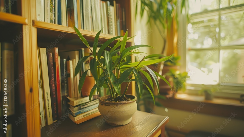 bamboo bonsai on a wooden shelf to put books near the window. bamboo bonsai on a wooden shelf to put books near the window.