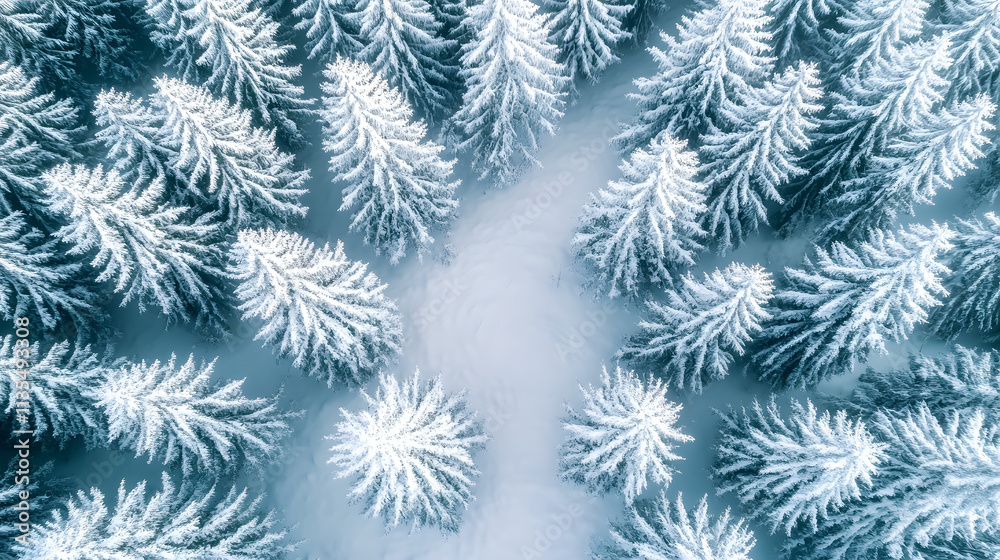 A drone photo capturing snow-covered evergreen trees after a winter blizzard in Lithuania. A drone photo capturing snow-covered evergreen trees after a winter blizzard in Lithuania.