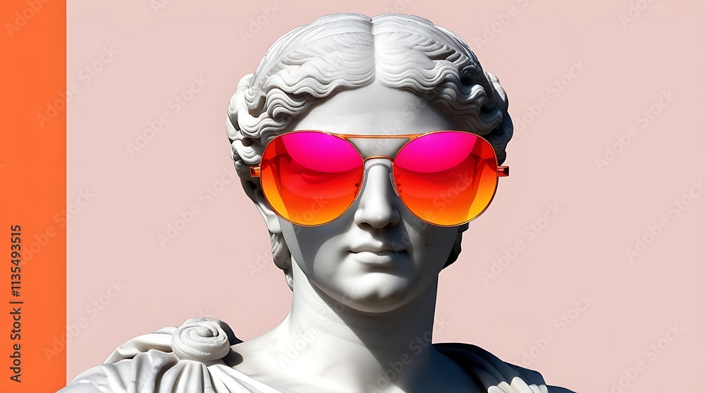 A white marble statue of ancient greek goddess wearing modern pink sunglasses on a orange background A white marble statue of ancient greek goddess wearing modern pink sunglasses on a orange background