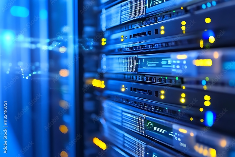Modern Server Rack in Data Center. Concept of Technology, Data Storage, and Cloud Computing. Modern Server Rack in Data Center. Concept of Technology, Data Storage, and Cloud Computing.