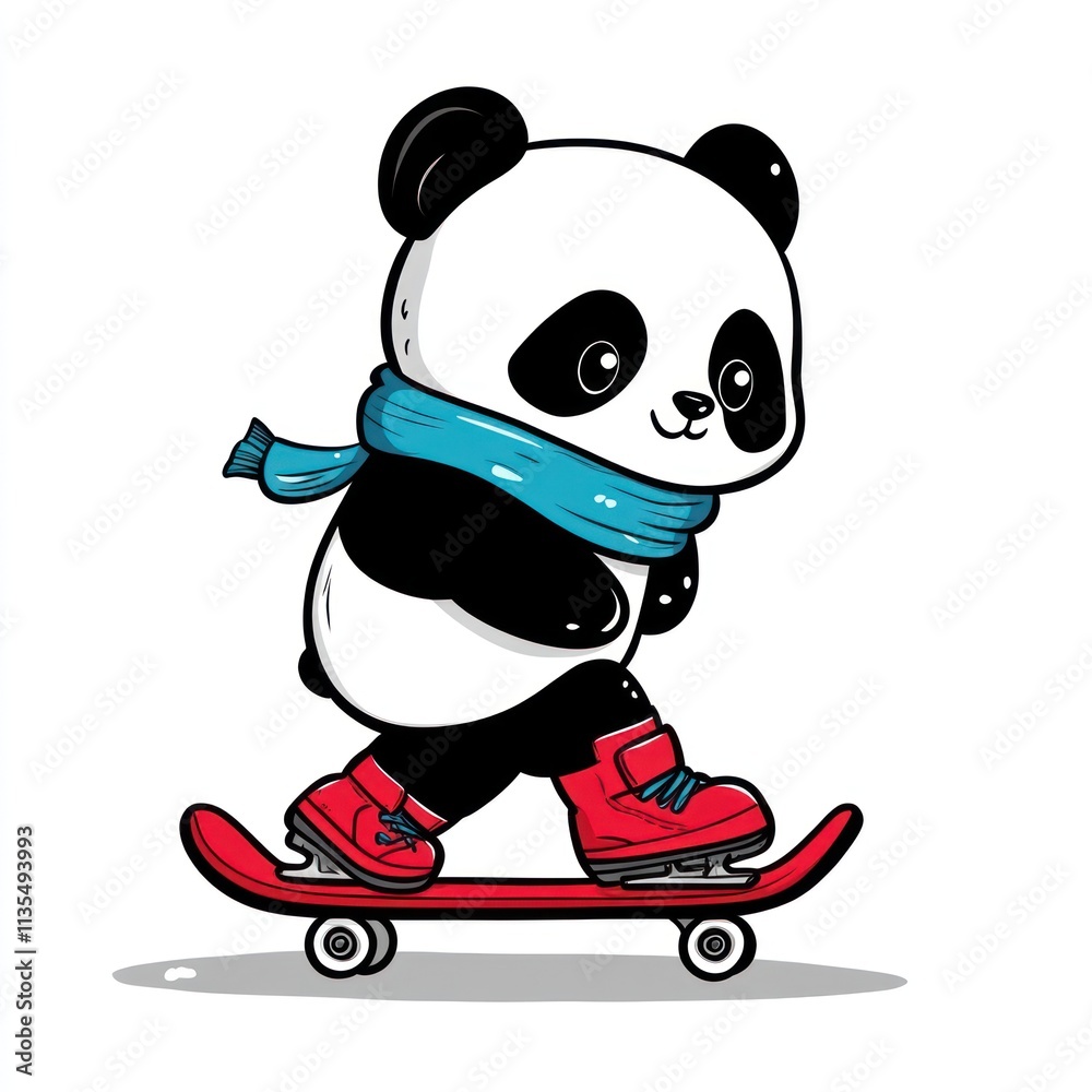 Panda skateboarding with scarf, red shoes, and black kneepads. Panda skateboarding with scarf, red shoes, and black kneepads.