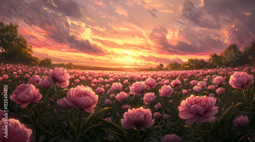 Fototapeta Naklejka Na Ścianę i Meble -  Sunset over a field of pink peonies. Nightfall. Illustration