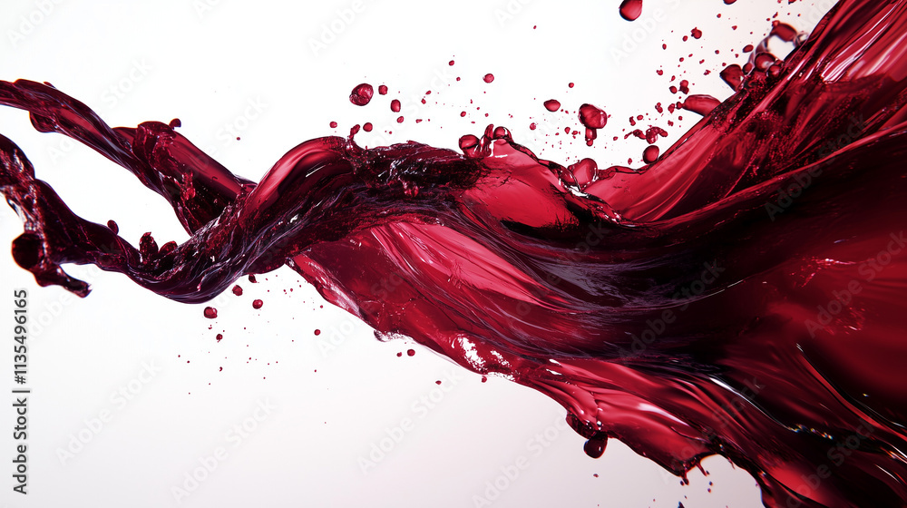 Rich red wine splashing dramatically against a white background, highlighting elegance and luxury themes