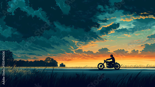 Silhouetted biker races along empty road set against a moody cloudy dusk sky dynamic composition captures the thrill and freedom of motorcycle riding. Nightfall. Illustration