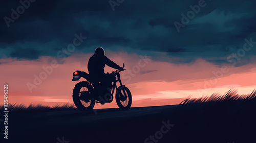 Silhouetted biker races along empty road set against a moody cloudy dusk sky dynamic composition captures the thrill and freedom of motorcycle riding. Nightfall. Illustration