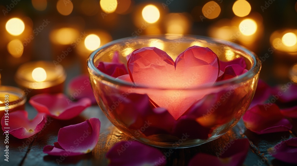 Romantic Heart Shaped Origami in Rose Petals with Candlelight Romantic Heart Shaped Origami in Rose Petals with Candlelight