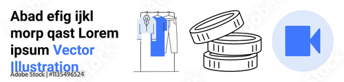 Free Download Text blocks, a clothing rack, stacks of coins, and a video camera icon present digital marketing and e-commerce concepts. Ideal for finance, retail, online shopping, money, video content wardrobe - GFXLoad