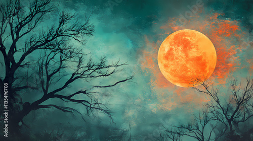 Spooky atmospheric halloween landscape featuring a full moon, silhouetted bare trees, and a mystic teal and orange sky. Nightfall. Illustration photo