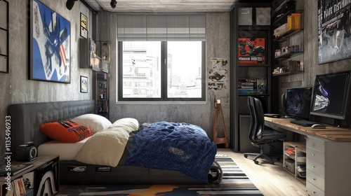 Modern Teen Boy's Bedroom: Industrial Chic Design with Gaming Setup