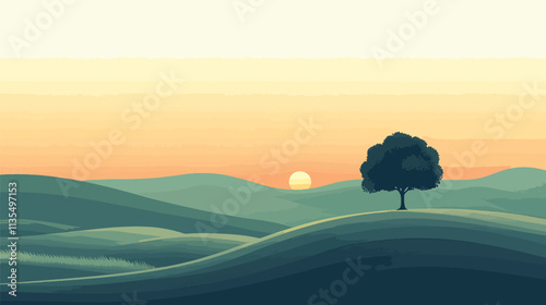 Golden Hour Landscape Vector Illustration for New Beginnings, Golden Hour Outdoor