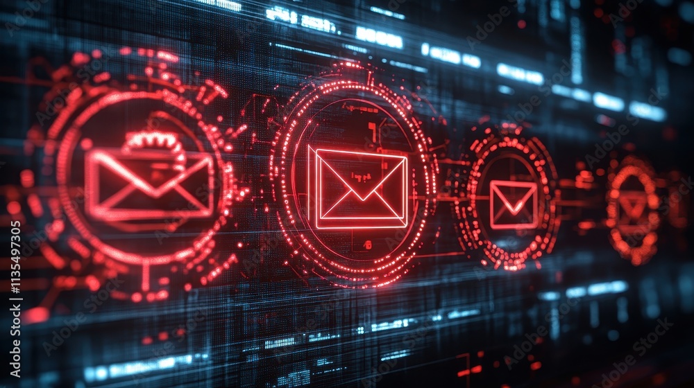 Fototapeta premium A futuristic digital display featuring glowing red email icons, representing communication and data exchange in a tech-savvy environment.