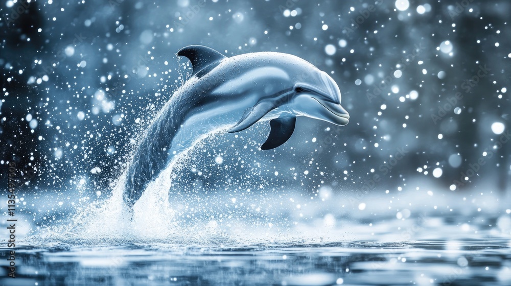 Obraz premium Dolphin Jumping Through Water Splashes in Frosty Atmosphere