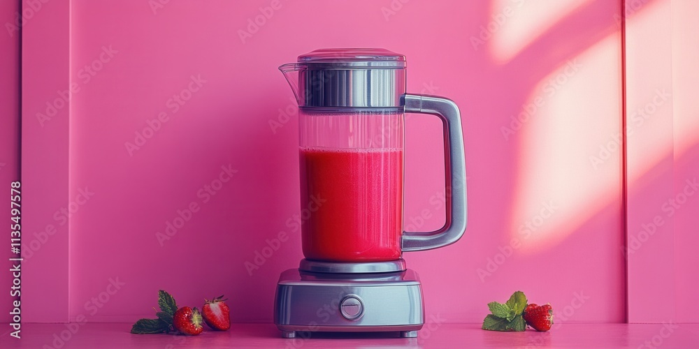 Retro chrome blender, vibrant red smoothie, 1950s kitchen ambiance, nostalgic design, inviting and colorful culinary scene Retro chrome blender, vibrant red smoothie, 1950s kitchen ambiance, nostalgic design, inviting and colorful culinary scene