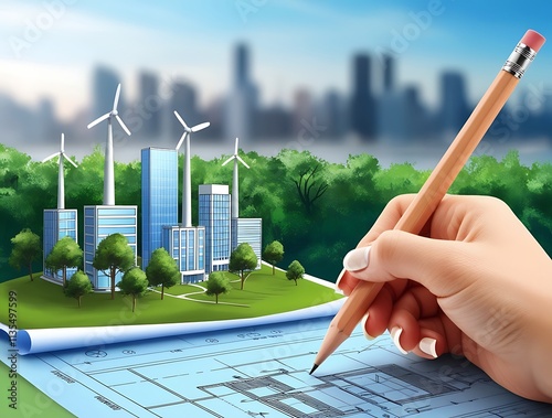 Businessman planning on environmental protection initiative for clean and sustainable future ecology, ESG environmental social governance display on paper chart on eco-friendly company photo