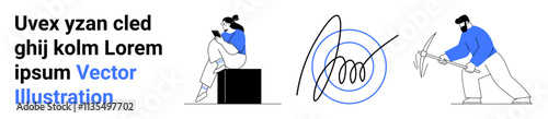 Woman reading on a cube, abstract spiral sketch, man chopping wood. Ideal for productivity, creativity, hard work, focus, leisure modern lifestyle project planning. Landing page