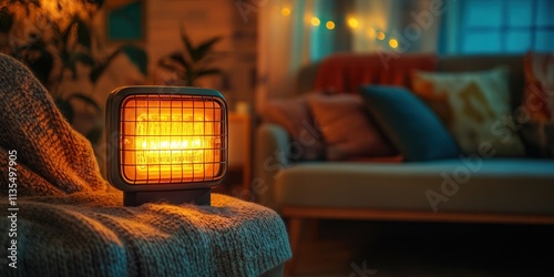 Vintage electric heater radiating warmth in a charming 50's inspired living room, inviting ambiance and nostalgic comfort photo