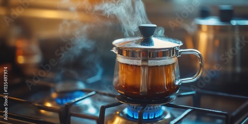 Vintage 50's stovetop percolator brewing coffee on a classic gas flame, evoking nostalgia and warmth of home kitchens